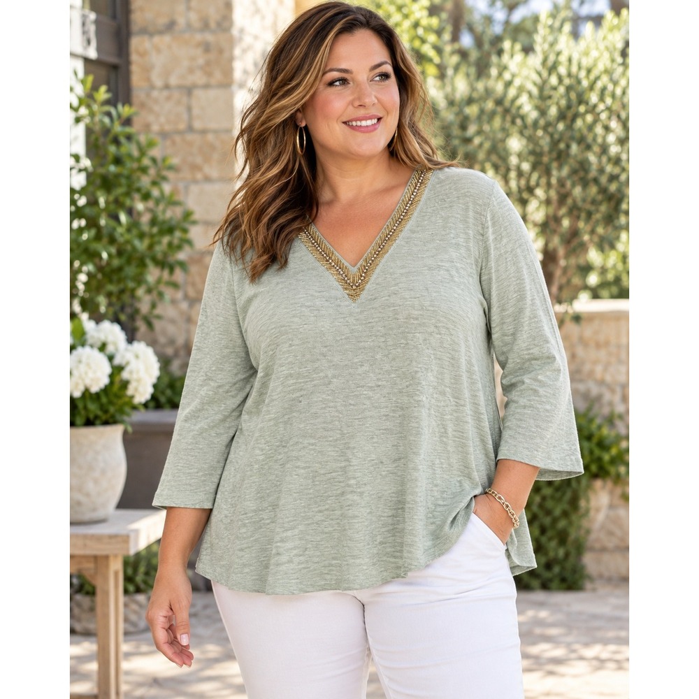Chico's V-Neck Top Sage Green Beaded Linen Long Sleeve Size 4 XXL